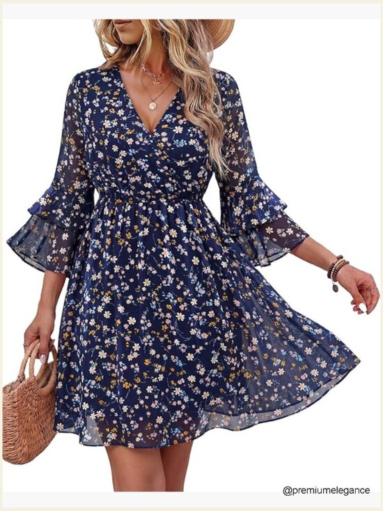 Dresses & Skirts - Midi Swing Dress with 3/4 Ruffle Sleeves, V-Neck, Elastic Waist, Flowy Chiffon